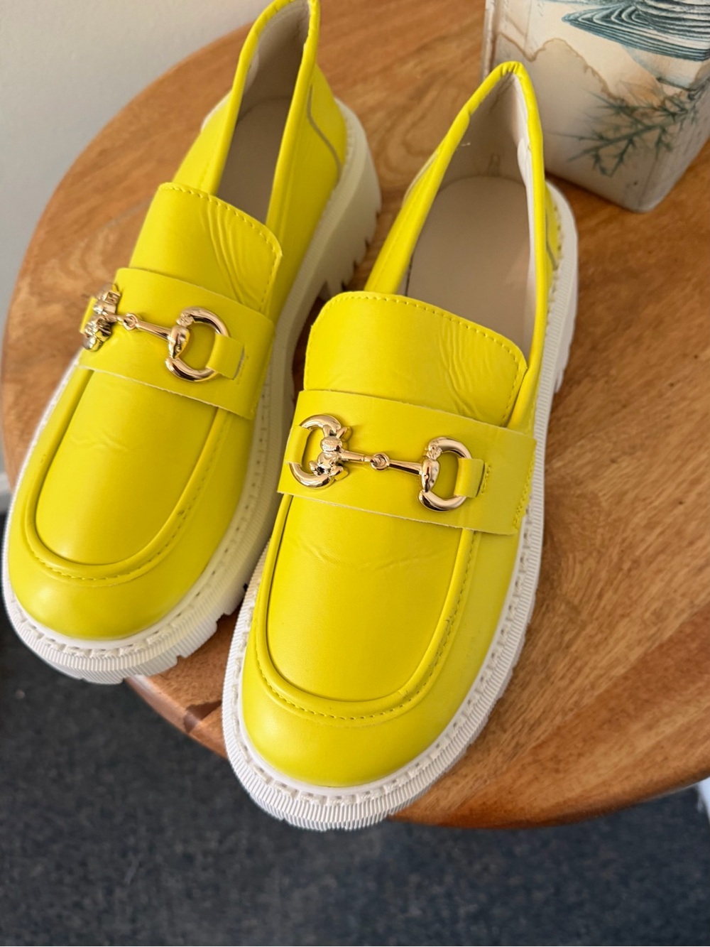 Yellow Leather Platform Loafers with Gold Horsebit